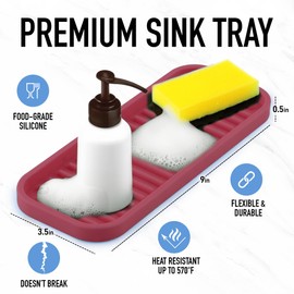 Zulay Kitchen (9x3.5) Silicone Sponge Holder for Kitchen Sink - Flexible Multipurpose Soap Tray - Sink Organizer for Kitchen, Bathroom, Makeup, Trinkets & More (Wine Red)