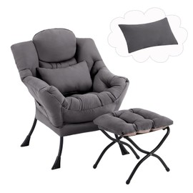 Furlide Lazy Chair with Ottoman, Comfy Fabric Accent Lounge Arm Chair with Lumbar Pillow and Folding Footrest, Reading Leisure Sofa Armchair for Bedroom, Living Room, Dorm,Dark Grey