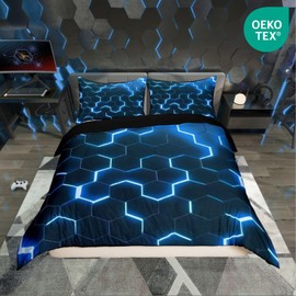 Homewish Boys Geometric Duvet Cover Single, Neon Geometric Honeycomb Bedding Sky Blue Black Bedding Set Abstract Hexagonal Beehive Quilt Cover Modern Fashion Room Decor Zipper