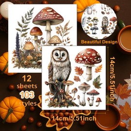 GOMAKERER 12 Sheets Rub On Transfers for Crafts and Furniture, Vintage Stickers with Mushroom Owl for Rub On Transfer Sticker, Art Style, PVC Sticker for Rub On For DIY, Crafts, Wooden Decor