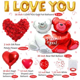 Daover 1062Pcs Valentine's Day Balloons Decoration Set, 1000 Red Rose Leaves, Love Heart Balloons, Love Bear Balloons, I Love You Balloons, Red Heart Balloons, Romantic Decor for Wedding Anniversary