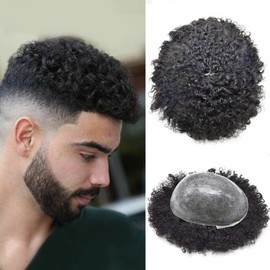 Afro Toupee For Black Men 100% Human Hair Man Weave Units Kinky Curly Pieces African American System Full Transparent Poly Base (8''x10'', 1B# OFF BLACK-12mm wave), 3.0 Fl Oz