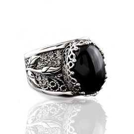 Filigranist 925 Sterling Silver Filigree Art Tulip Detailed Women Cocktail Ring with Black Onyx Gemstone, Luxurious Gift Packed (Black Onyx, 7)