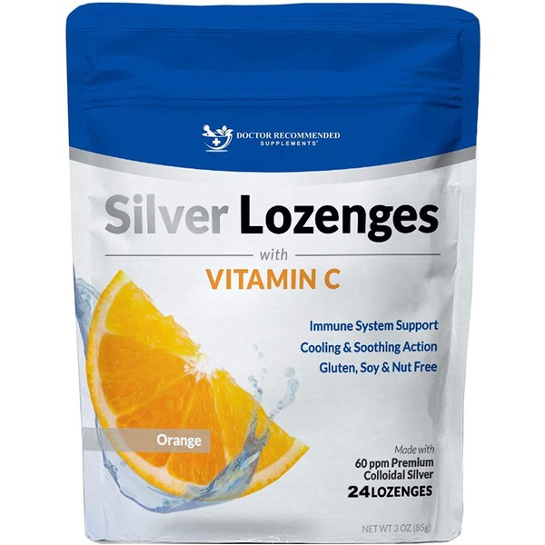 Silver Lozenges with Vitamin C - Premium Nano Silver 60 PPM Colloidal Silver, Organic Honey and Vitamin C Mineral Supplement Drops to Support Immune System, Soothe Cough & Throat - 24 Orange Lozenges