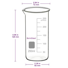 BorinGlass High Borosilicate Glass Beaker with Pouring Spout, 1-Pack 250 ml Graduated Tall Lab Beaker