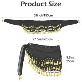 Grevosea Belly Dance Skirt, Coin Belt Hip Scarf with Sequins and Coins, Performance Belly Dancer Costume for Women 128 Coins(Black)