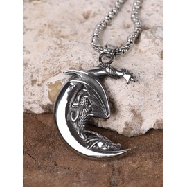 HAQUIL Dragon Necklace, Stainless Steel Slumbering Dragon on Crescent Moon Pendant, Box Chain, Dragon Jewelry Gift