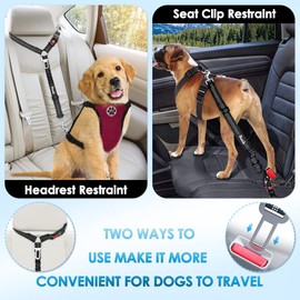 SlowTon 2 in 1 Dog Seatbelts for Cars, 2 Pack Pet Car Seat Belt Headrest Restraint with Seatbelt Clip Puppy Safety Adjustable Belt Connect with Dog Car Harness with Reflective Elastic for Car