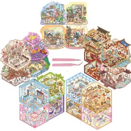 DAVBNM Sticker Therapy Store, 3D House Stickers, 3D Sticker Scene Book, Scene Stickers, with Two Tweezers, Suitable for Adults and Children DIY to Relieve Stress and Pass The Time (Casual, Pink)