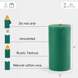 CANDWAX 3x4 Pillar Candles Set of 3 - Decorative Candles Unscented and No Drip Candles - Ideal as Wedding Candles or Large Candles for Home Interior - Green Candles