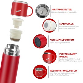 Stainless Steel Thermos Flask, 550 ml with Drinking Cup and Handle, Leak-Proof Insulated Drinking Bottle, Double-Walled, Keeps Hot or Cold for 12 Hours, for Sports, Work, Camping, Red