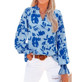 MASCOMODA Womens V Neck Floral Long Sleeve Tops 2025 Summer Casual Loose Puff Sleeve Chiffon Boho Work Blouse Dressy T Shirts(Light Blue Blue Flower,X-Large)