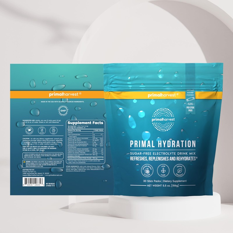 Primal Harvest Electrolytes Powder Packets Primal Hydration, Easy Open Packets,