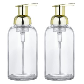 2 Pcs Foaming Soap Dispenser, Thick Glass Jar Soap Dispenser with Gold Foaming Pump, 13 ounce Round Bottles Dispenser with Foaming Pump