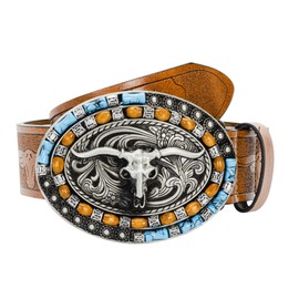 UTOWO Western Cowboy Cowgirl Leather Belts, Women Men Turquoise Embossed Waist Belts with LongHorn Bull Buckles Fit 25-39inch