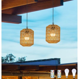 HMVPL Battery Operated Chandelier, Rattan Battery Operated Pendant Light with Remote, Boho Outdoor Chandelier for Gazebo, Wireless Gazebo Light, Outdoor Hanging Lamp for Patio Pergola Indoor(2 Pack)