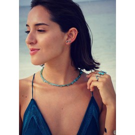 Aobei Pearl Genuine Turquoise Choker Blue Howlite Chip Beaded Necklace Summer Beach Gemstone Jewelry for Women 15’’