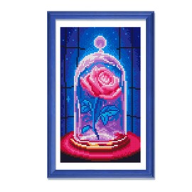 Zhenqing Red Heart Rose & Owl Stamped Cross Stitch Kit for Adults - 11CT Pre-Printed Aida Fabric 7.87x11.8 Inch Complete DIY Embroidery Set with Threads & Hoop, Home Decor Gift (Glass Rose 67063)