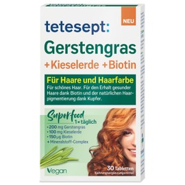 tetesept Barley Grass + Silica + Biotin Tablets, Pack of 4 - Hair Care with Biotin, Zinc, Selenium & Copper - Vegan, Lactose Free & Gluten Free - Supports Healthy Hair & Natural Hair Colour