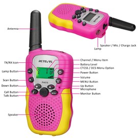 Retevis RA618 Walkie Talkies for Kids, Toys for 6-12 Years Old Girls and Boys, Long Range 8 Channels VOX Flashlight 10 Call Tones Presents for Children Adventure (Pink, 1 Pair)