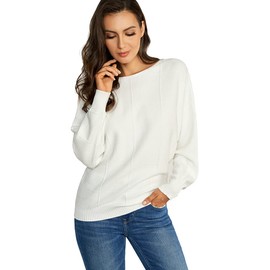Ckikiou Women Cute Spring Fall Boatneck Batwing Soft Knitted Sweater for Women Casual Loose Long Sleeve Ribbed Pullover Top A-White