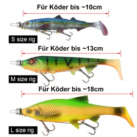Pack of 3 stinger hooks with leader system (S, M, L) for baits of sizes 10, 13, 18 cm and 5 interchangeable weights, treble hooks for rubber fish with jig head, shallow rig and fear hook, leader pike