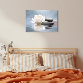 QIXIANG Zen Wall Art Black Stones and White Lotus Flowers Picture on Canvas Prints for Yoga Spa Meditation Bathroom Decor with Framed (Zen Stones Lotus -3, 16.00" x24.00")