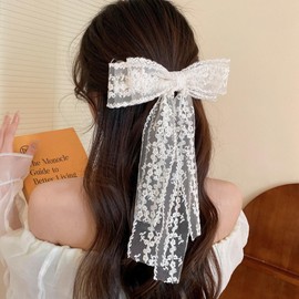 Lace Hair Bows for Women Lace Hair Bow Clips White Lace Bow Clips Lace Bows for Hair Bridal Bow Large Hair Bow with Long Tail Cute Hair Accessories for Women Girls Bachelorette Party Decorations