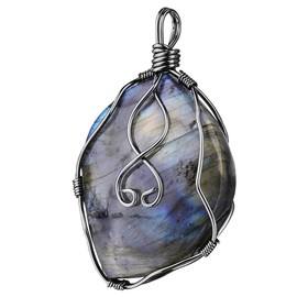 SUNYIK Natural Labradorite Pendant Necklace for Men Women, Irregular Handmade Wire Wrapped Crystal Necklace for Unisex