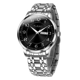 Taxau Mens Watches Stainless Steel Band Black Dial with Day Date Silver Watches for Mens Quartz Large Face Classic Arabic Numerals Waterproof Relojes para Hombres