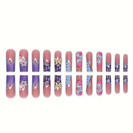 Hrnsnails Nail Press ons, Long Square Press On Nails Girls Fake Nails with 3D Butterfly Star and & Diamond Handmade High-end Design, Acrylic Artificial False Nails Press On Stick On Nails for Women