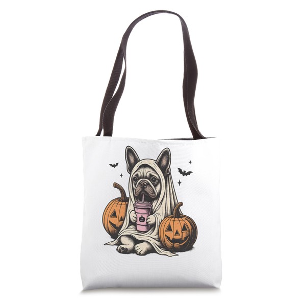 Retro French Bulldog Ghost Drinking Coffee Halloween Funny Tote Bag