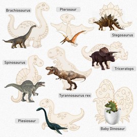 40 Pcs Dinosaur Wooden Paint Crafts, Unius Unfinished Wood Cutouts with Storage Box for Kids DIY Art Painting Home Decoration in 8 Style