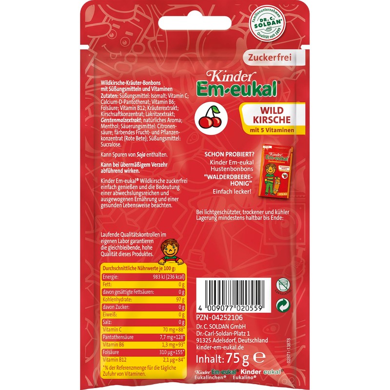 Kinder Em-eukal Hustenbonbons Wildkirsche ohne Zucker, 75 g