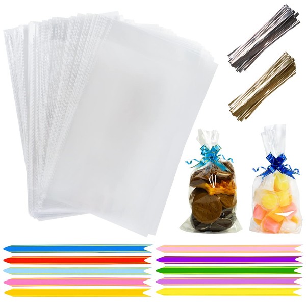 Cellophane Bags Pack of 100 (6 x 10 Inches) Food Safe Cookie Bags with 100 Mix Colors Pull Bows & Twist Ties - Clear Bags for Christmas & Halloween Gifts, Packaging Sweet bags for Hamper Making
