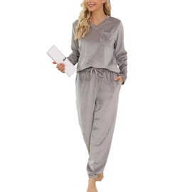 Vlazom Women Pyjamas,Soft Warm Fleece Pjs Sets Fluffy Loungewear Set Long Sleeve Tops and Pants Sleepwear with Pockets C-Light Grey,S