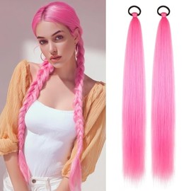 Paquete de 2 extensiones de coleta trenzada rosa con lazo elástico, extensiones de cabello trenzado envolvente de 66 cm, cabello sintético liso natura