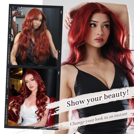 Wine Red Wig 26 inch Long Wavy Burgundy Wigs for Women, 13X4X1 HD T-part Synthetic Lace Front Wig Natural Looking As Human Hair Middle Part Pre Plucked Glueless Wigs for Daily Party Cosplay Use