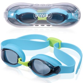VENNNERLI Swimming Goggles，Boy's and Girl's Adjustable Anit-UV Anti-fog Anti-leakage Swim Goggle with Case,Gift for Kids(Blue and Green)
