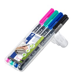 STAEDTLER Lumocolor Permanent Universal Pen, Smudge-proof and Waterproof, Dries in Seconds, F-Tip - Line Width 0.6 mm, 4 Markers in Brilliant Colours, 318 WP4-1