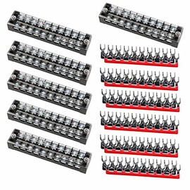 Kofelec Screw Terminal Block TB-2510 Screw Terminal Block 6 Pieces 600V 25A Double Row 10 Position Screw Terminal Strip with Cover + 6 Pairs Red and Black Pre-Insulated Terminal Barrier Strip