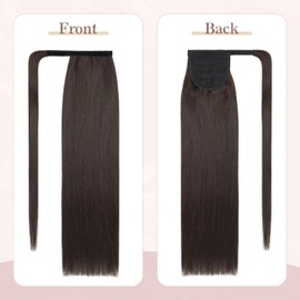 SEGOHAIR Human Hair Ponytail Extension - Wrap Around Clip in Real Hair Ponytail, 20 inch Long Straight Human Hair Extensions-Darkest Brown Hair Extensions