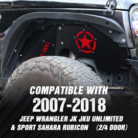 YZONA Front Inner Fender Liners Compatible with 2007-2018 Jeep Wrangler JK & JKU Unlimited 2/4 Doors, Bolt-on Style Mud Guards Cover Steel Wheel Well Fenders Flares (2 Pcs, 1941 & Red Star Style)