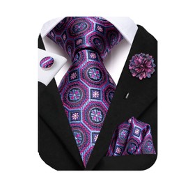 Hi-Tie Purple Ties and Flower Lapel Pin Set Silk Classic Mens Dress Ties Pocket Square Cufflinks 4PCS Necktie for Wedding