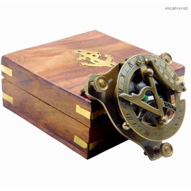 KHUMYAYAD Brass Sundial Compass Nautical Vintage Replica Sundial with Rosewood Box
