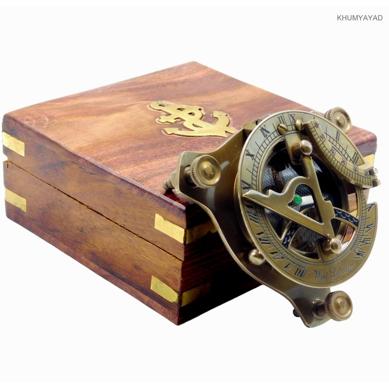 KHUMYAYAD Brass Sundial Compass Nautical Vintage Replica Sundial with Rosewood