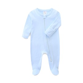 Hikido Baby Romper 100% Organic Cotton Jumpsuit One Piece Long Sleeve Zipper Footie Onesie for 0~12M Baby, Sky Blue, (0-3)months