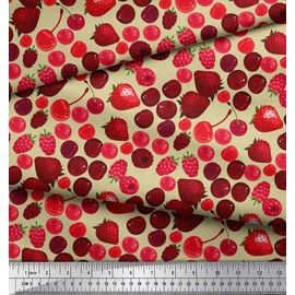 Soimoi Beige Silk Fabric Raspberry,Strawberry & Cherry Fruits Printed Craft Fabric BTY 42 Inch Wide