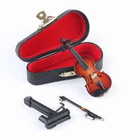 Dselvgvu Wooden Miniature Violin with Stand, Bow and Case Mini Musical Instrument Violin Replica Collectible Figurines Dollhouse Accessories Model Home Decoration Display Ornament (3.15"x1.18"x0.59")