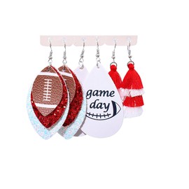 Football Earrings Football Mom Earrings for Women Leather Game Day Sport Dangle Drop Layered Teardrop Earring Jewelry Set Accessories Outfits Jewelry Gifts, Red 2